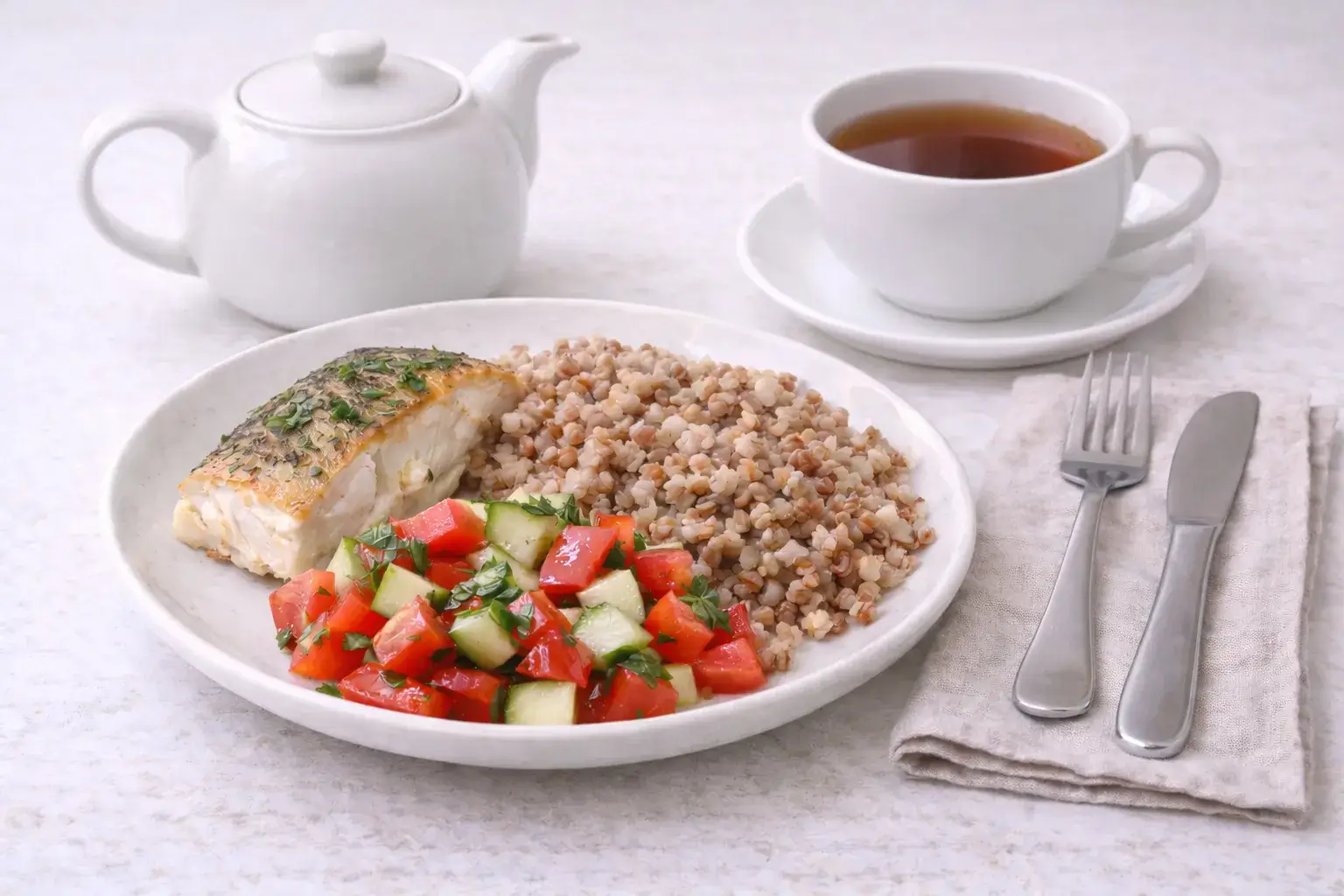 рыба запеченная, гречка, овощной салат, чай