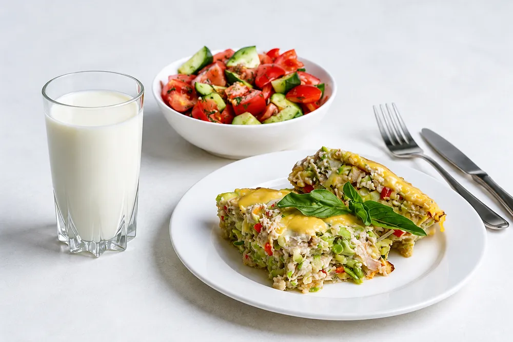 запеканка с курицей, овощной салат, ряженка